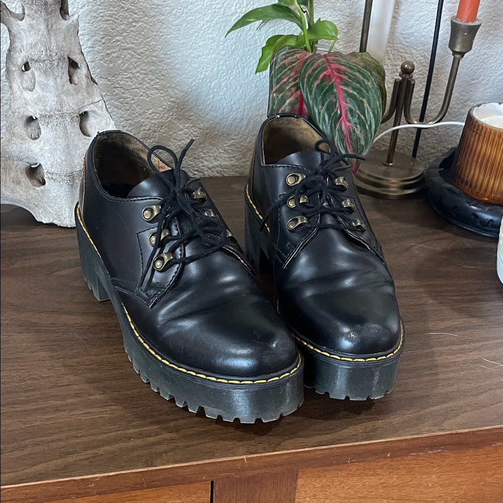 Dr. Martens Black Platform Lace-Up Mules with Yellow Stitching